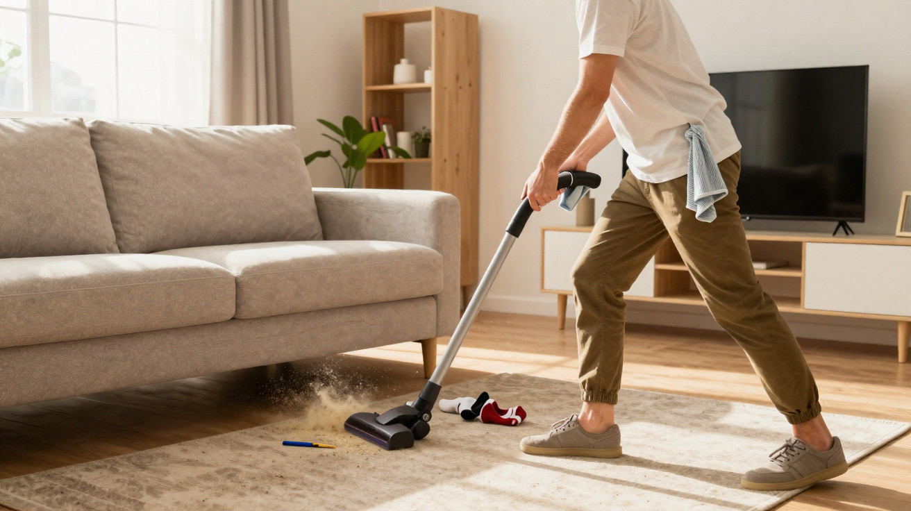 Person vacuuming carpet near sofa in bright living room with shelves and TV unit.