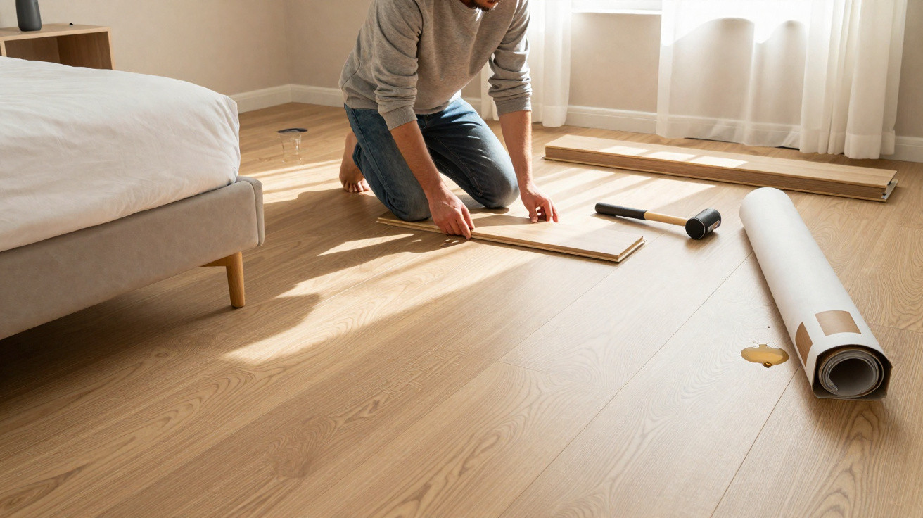 Person kneeling on light wooden floor installing laminate flooring next to a bed in a sunlit room