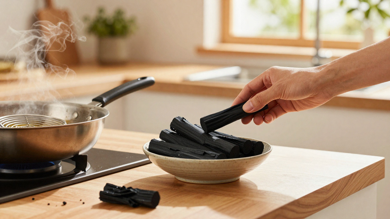 Hand placing charcoal sticks in a bowl on a kitchen counter beside a steaming pan on a stove.