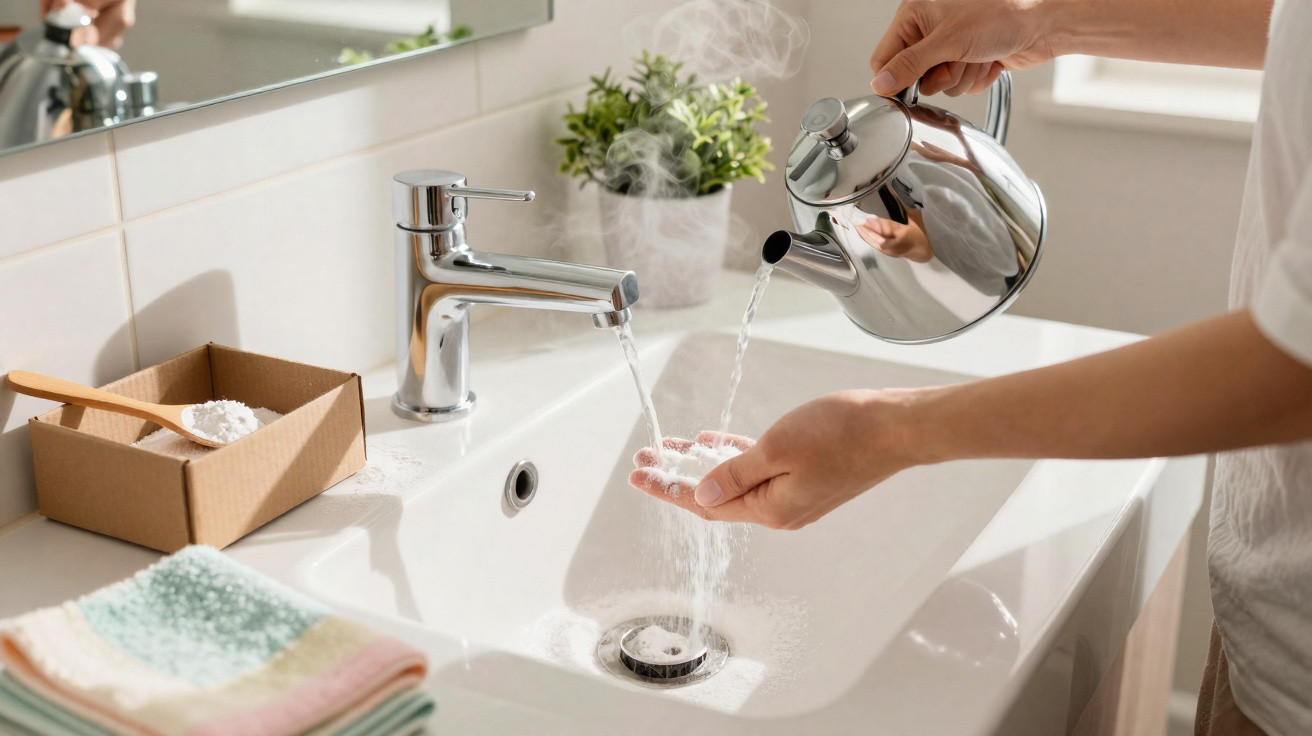 Person pouring steaming water from a kettle onto hands over a sink with running tap water.