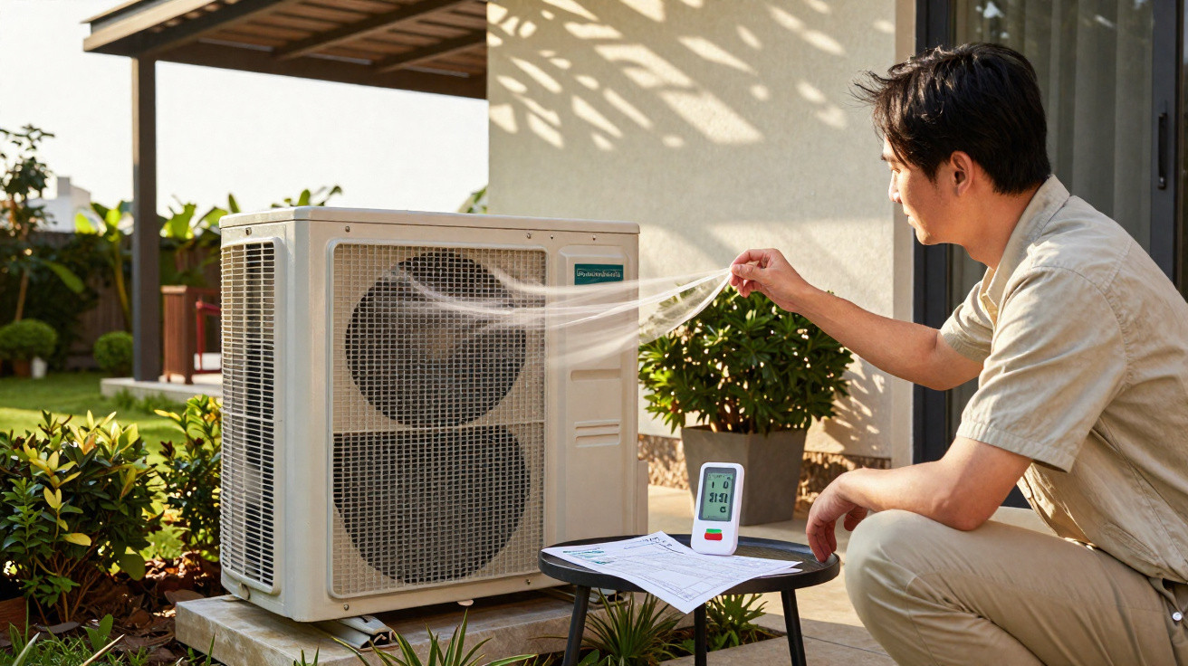 Man inspecting refrigerant leak from an outdoor air conditioning unit in a garden area.