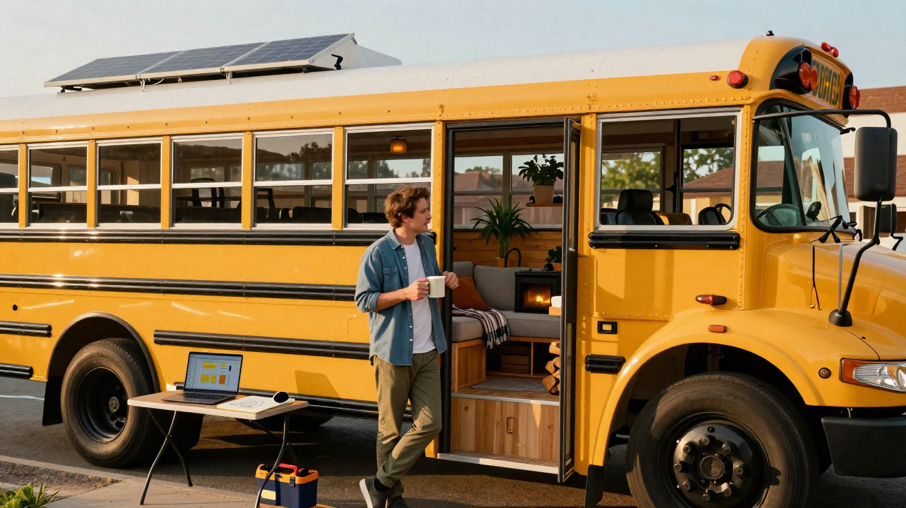 Man holding a mug standing outside a converted yellow school bus with solar panels on the roof.