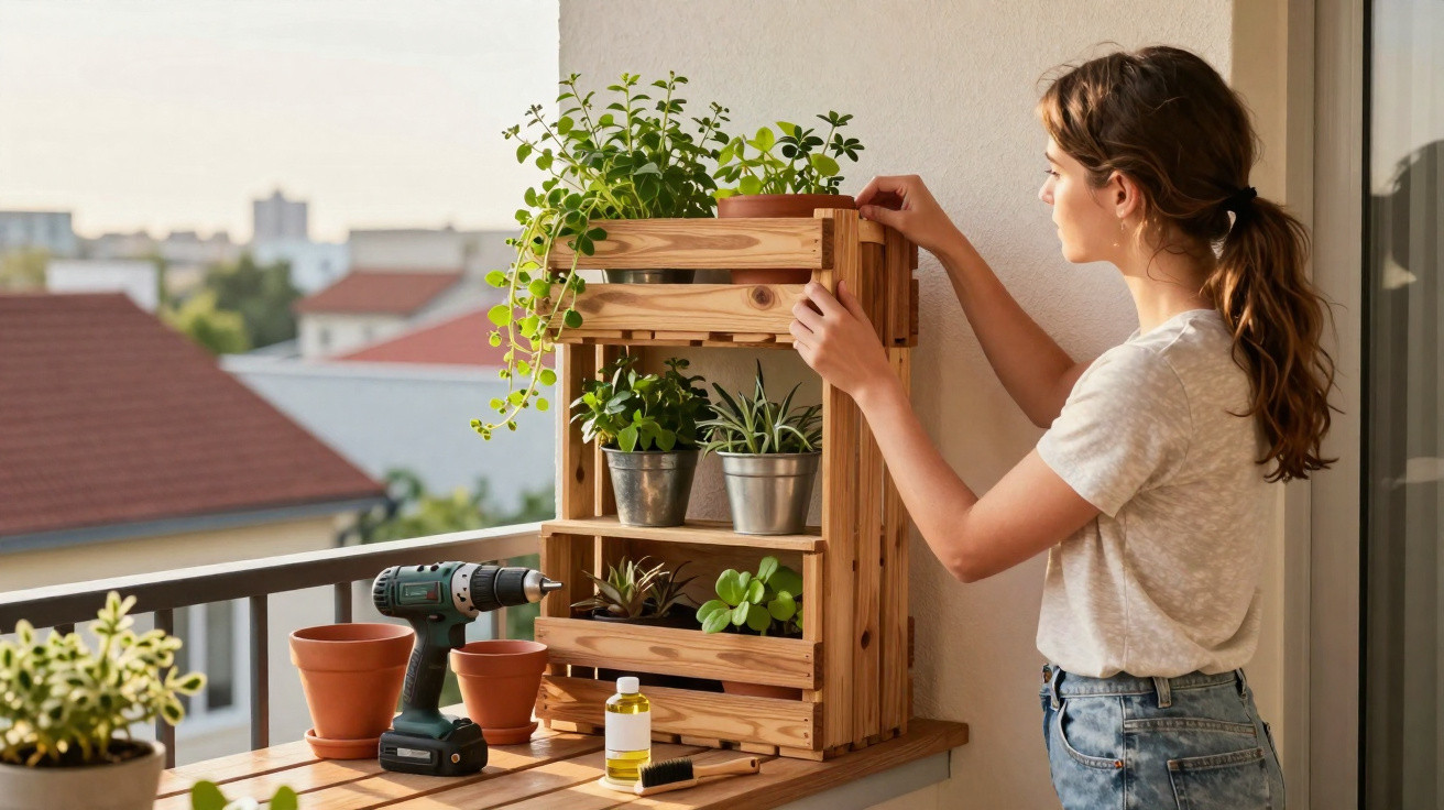 Woman arranges potted plants on a wooden shelf on a balcony with gardening tools nearby.