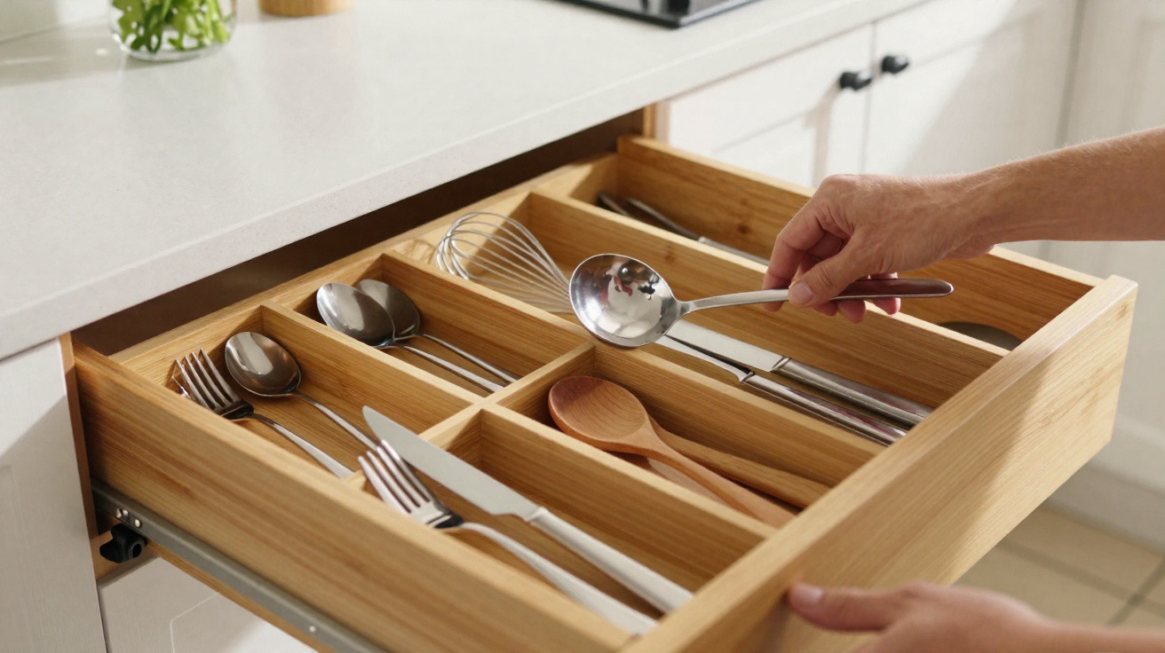 Open wooden kitchen drawer organised with cutlery, a whisk, wooden spoons, and a hand holding a ladle.