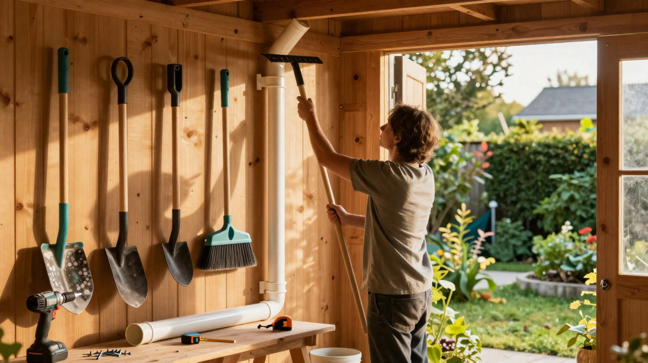 Person using a paint roller to paint the wooden interior wall of a shed with gardening tools hanging nearby.