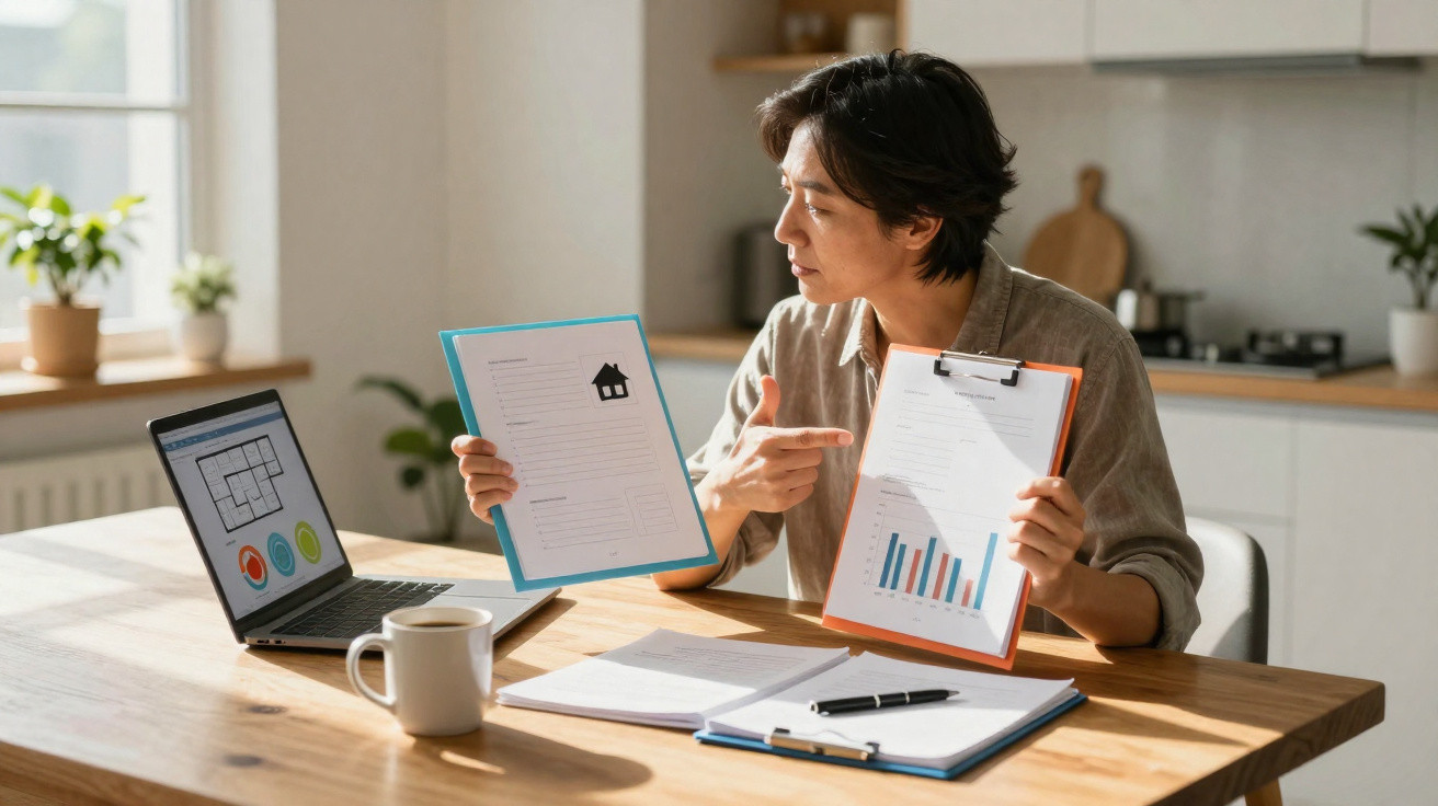 Person sitting at a table in a kitchen, holding and comparing two documents with charts and a house icon.