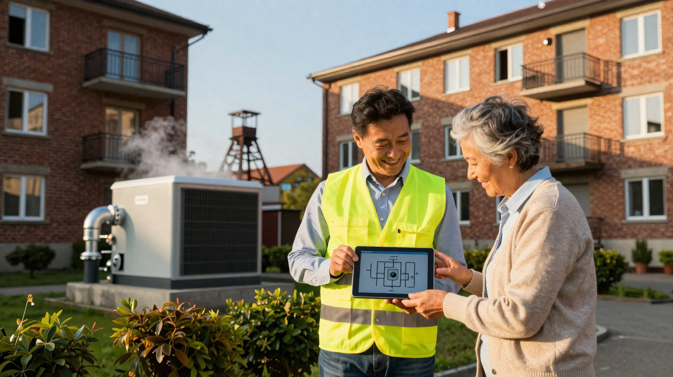 Two people examining a tablet with technical diagram outside near brick residential buildings.