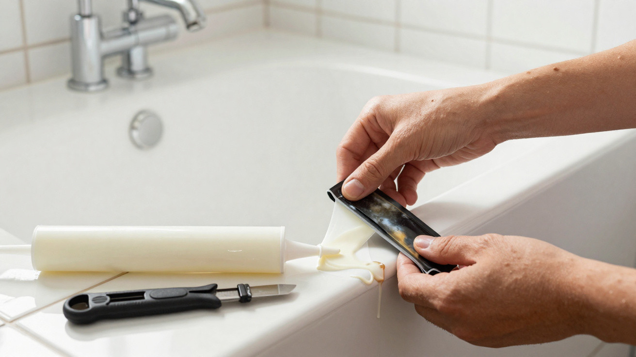 Hands squeezing caulking sealant from a tube onto a bathtub edge with a utility knife nearby.