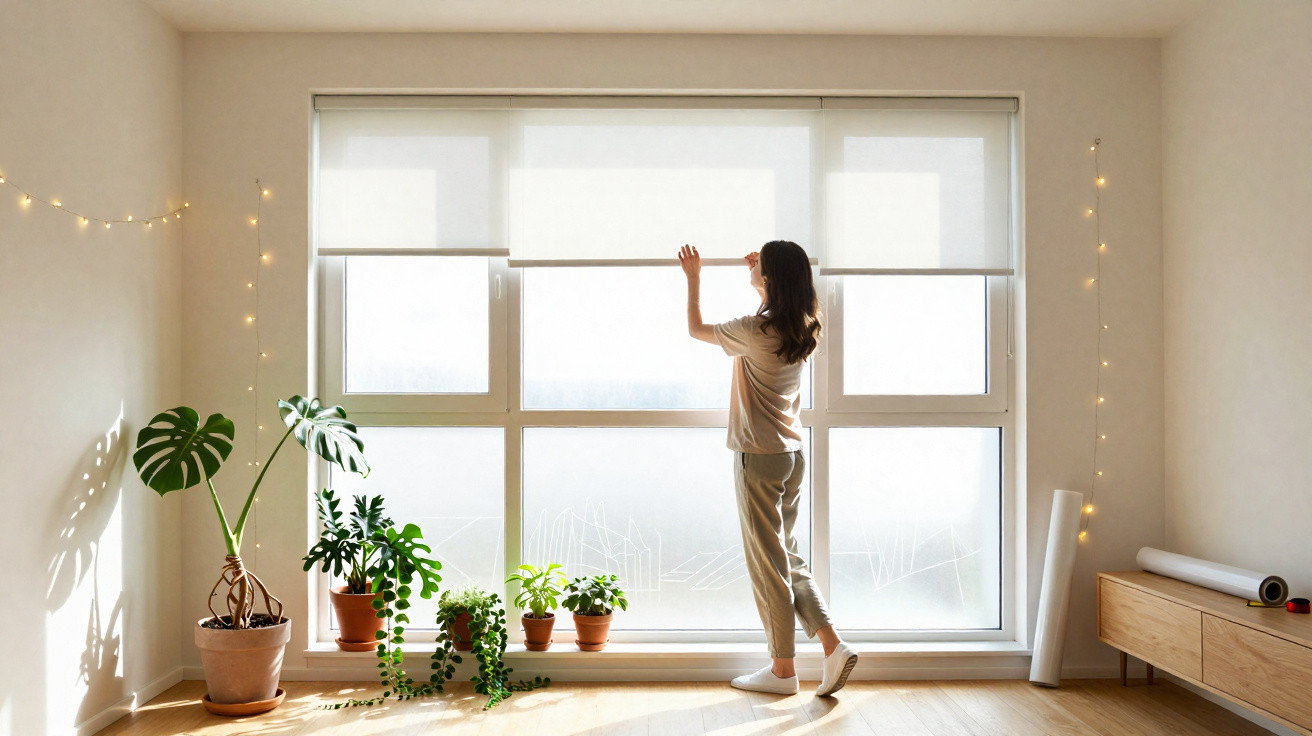 Woman adjusting white roller blinds in a bright room with potted plants and fairy lights by the window.