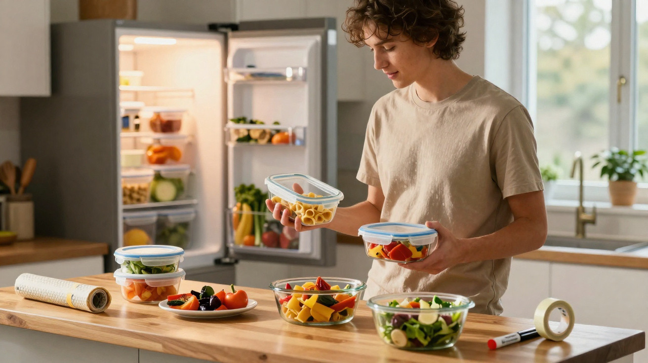Young man packing fresh vegetables into airtight containers in a well-lit modern kitchen.