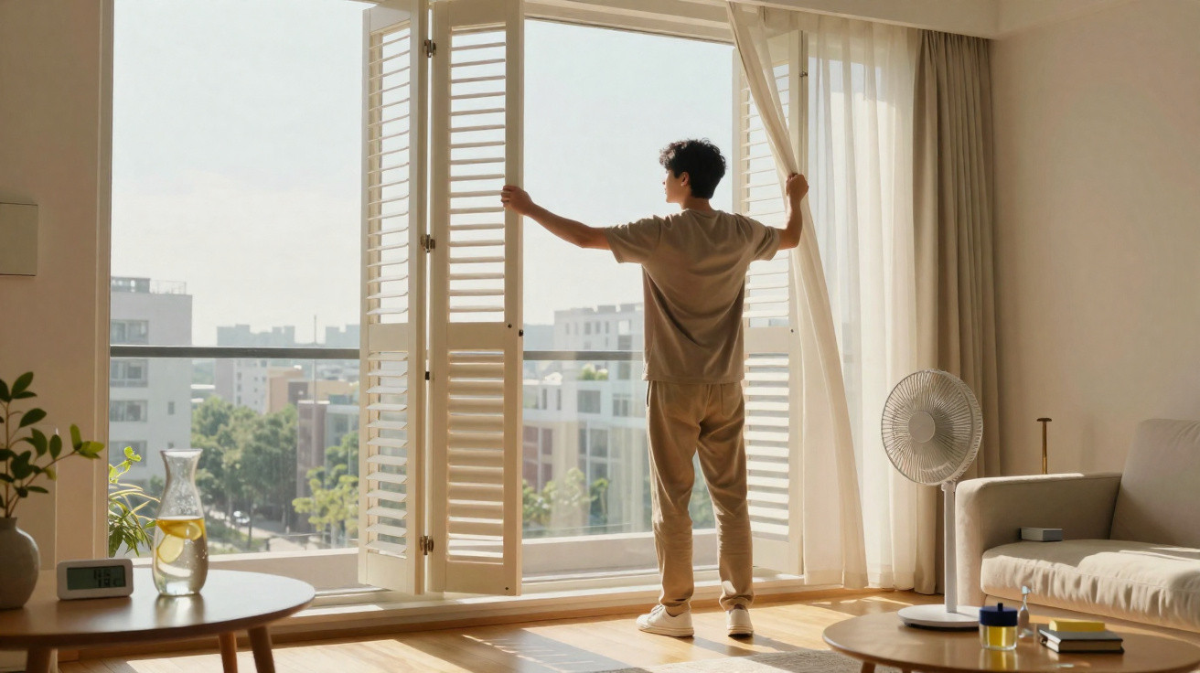 Man opening white shutters and sheer curtains to bright city view in modern living room with fan and sofa.