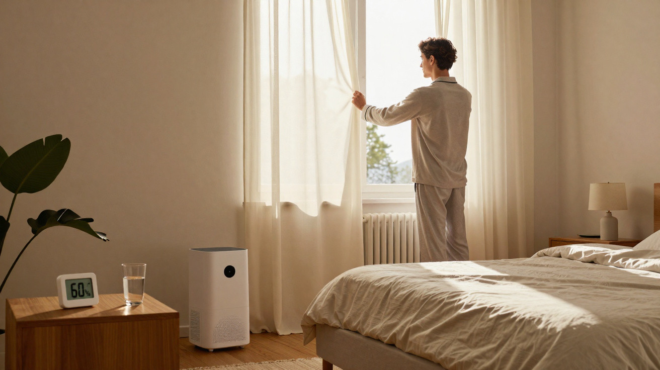 Person in pajamas opening curtains in a sunlit bedroom with a bed, plant, and humidifier.