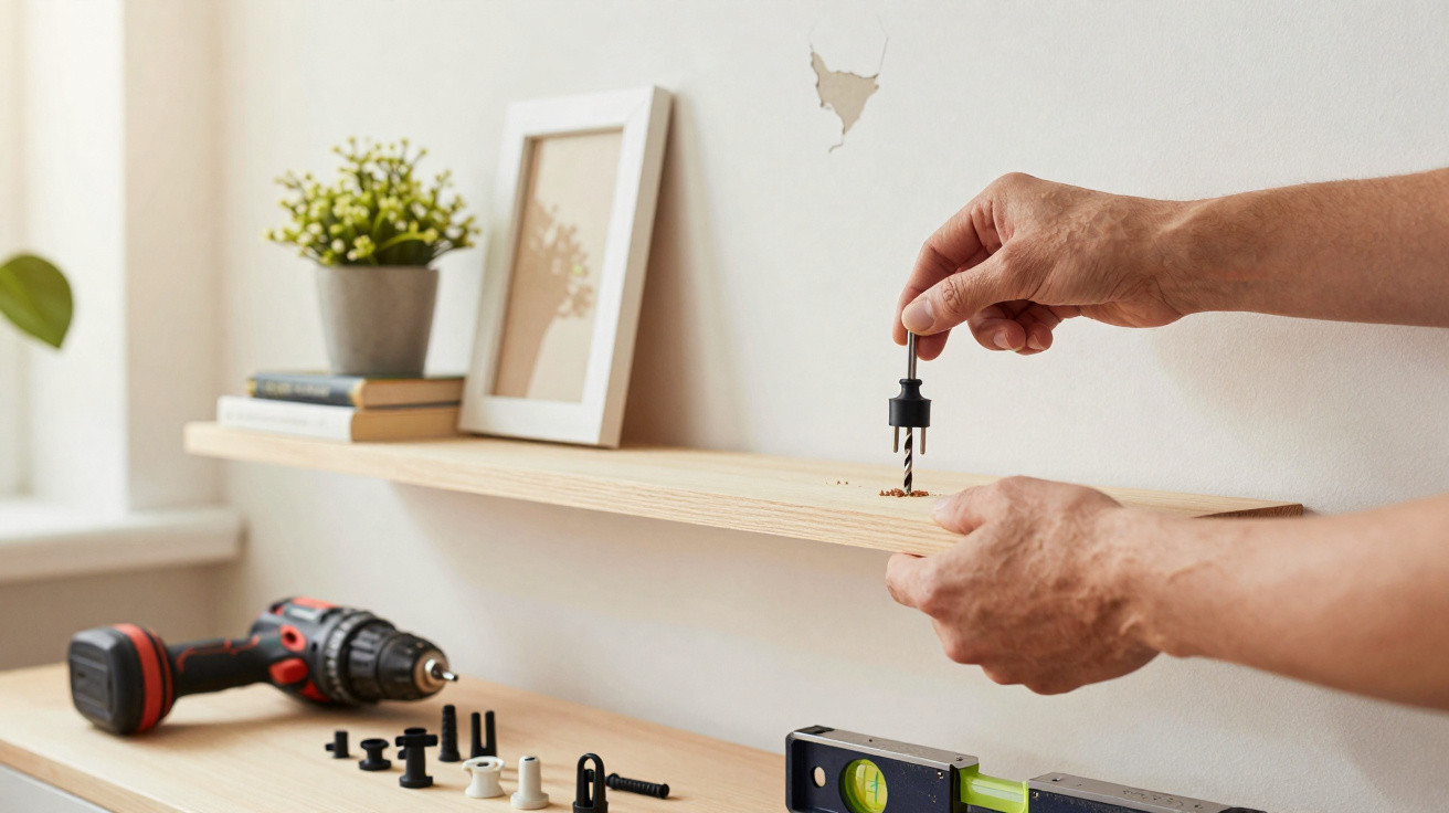 Hands assembling a wooden shelf with screws and tools on a surface beneath a wall-mounted shelf.