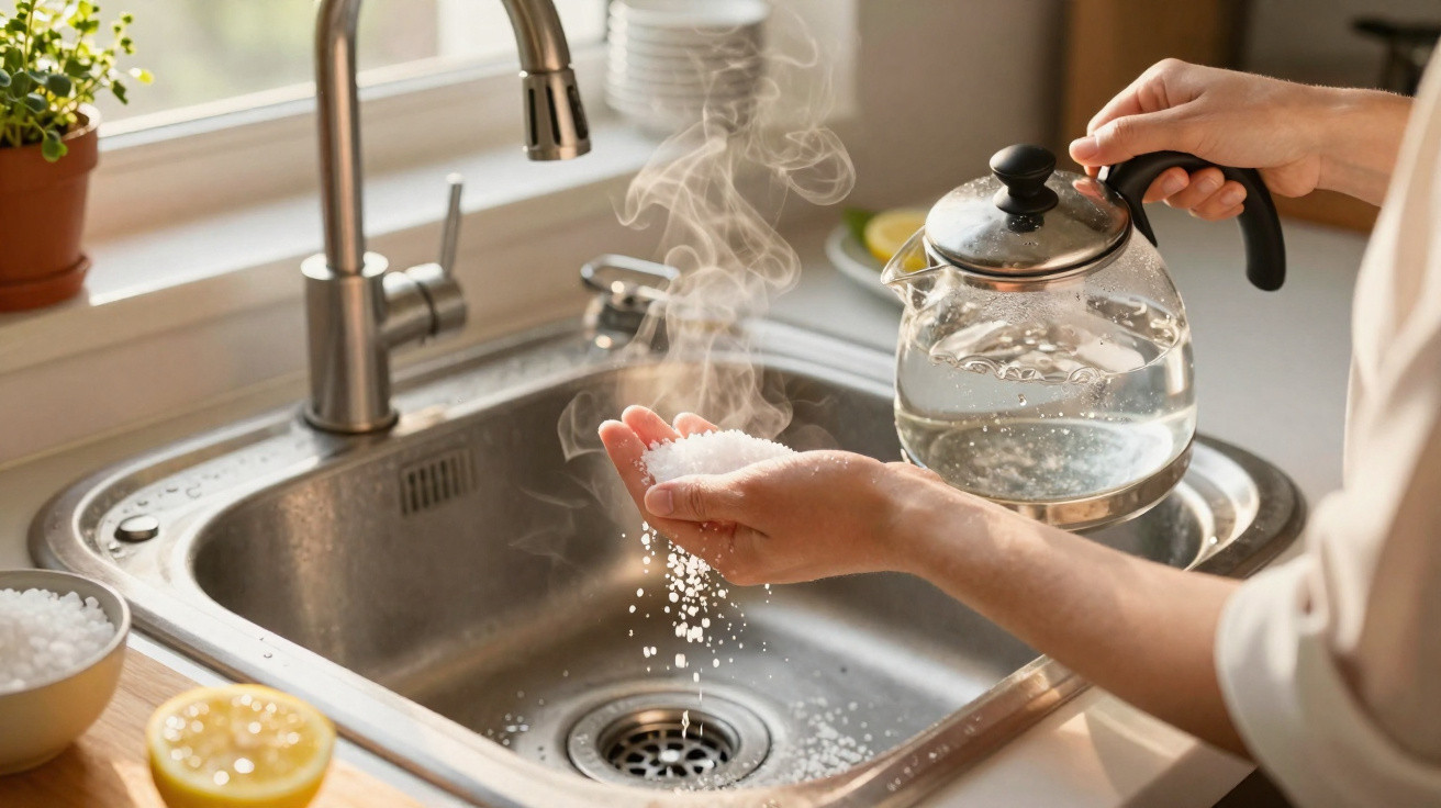 Person sprinkling salt into a steaming kitchen sink with a glass kettle of boiling water nearby.