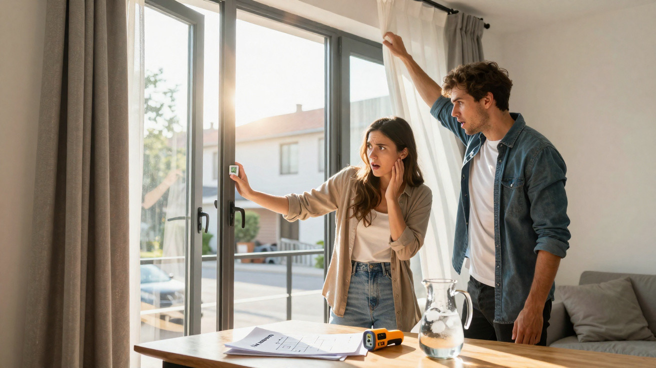 Young couple inspecting a window with a measuring device in a bright living room.