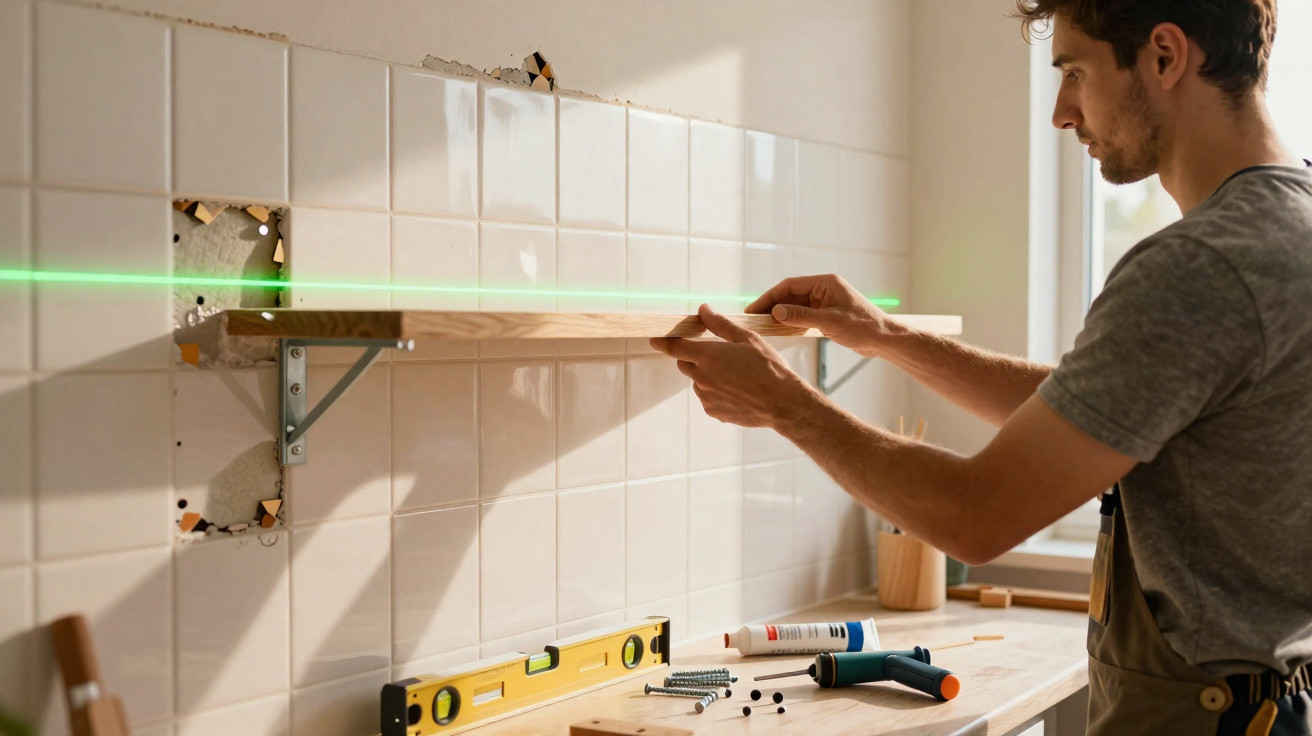 Man installing wooden shelf on tiled wall using a laser level and tools on a workbench nearby.