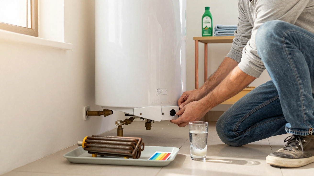 Person repairing a white boiler on the floor near a window with tools and a glass of water nearby.