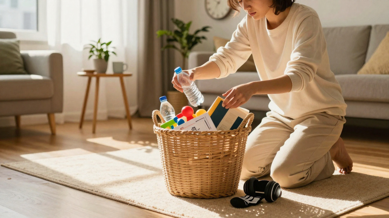 Person kneeling on a rug, sorting recyclables like plastic bottles and paper into a wicker basket in a living room.