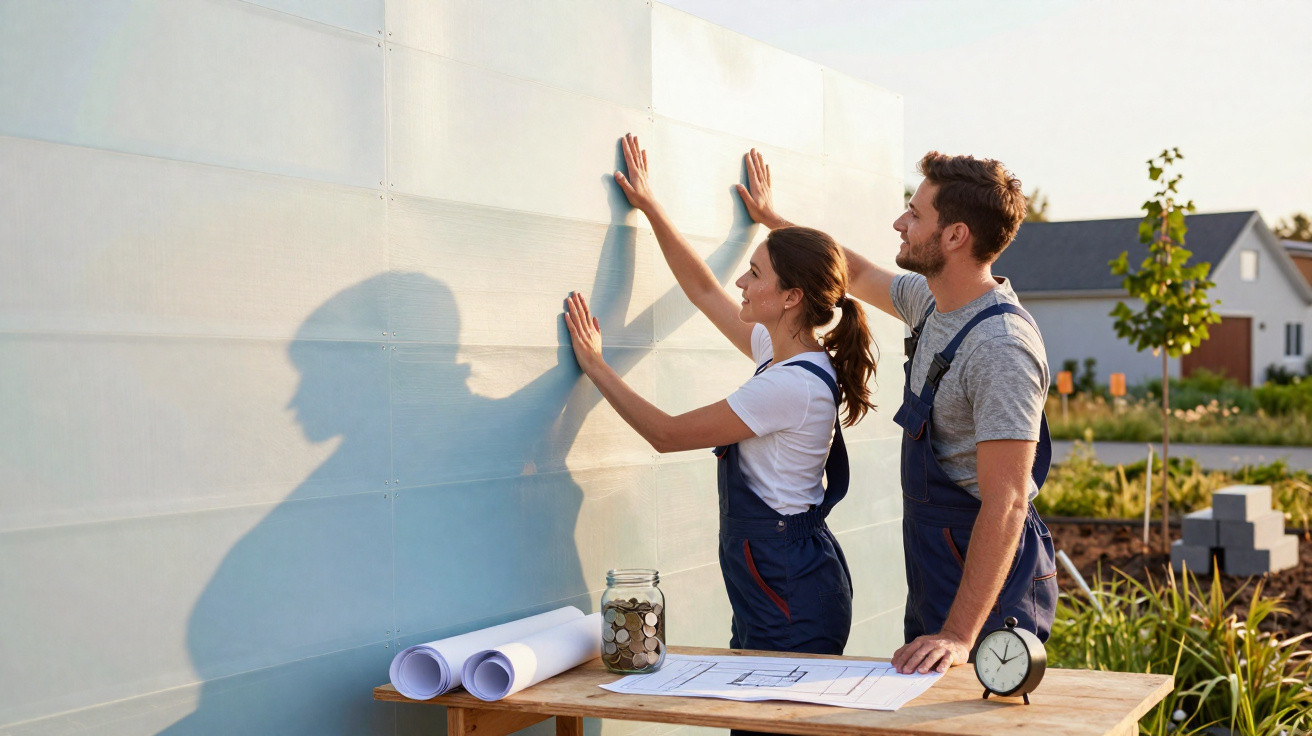 Man and woman in overalls examining a wall outdoors with architectural plans and coins on a table.