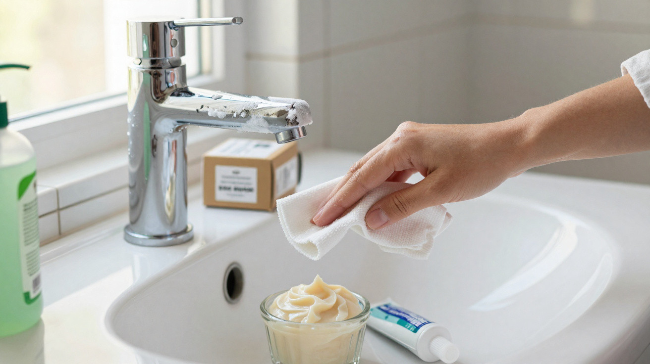 Hand wiping white bathroom sink near chipped chrome faucet, glass of cream and toothpaste tube nearby.