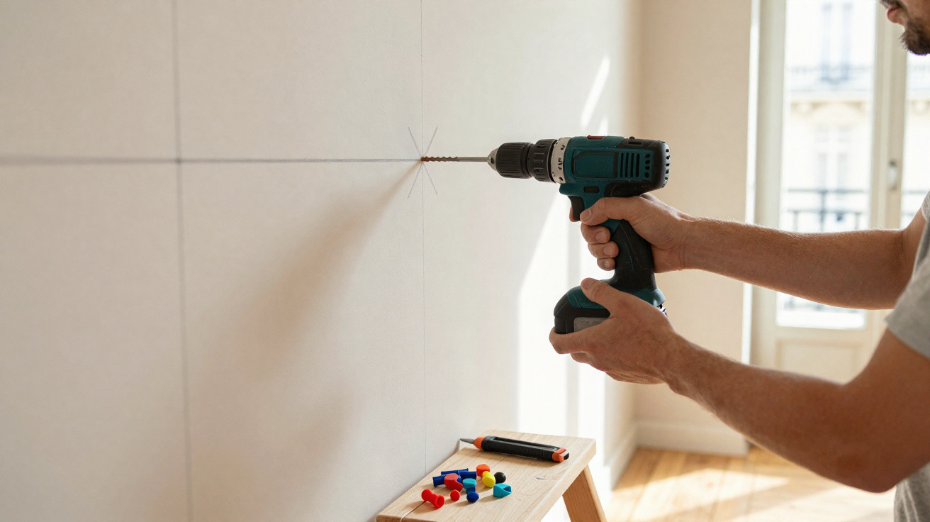 Person using a cordless drill to make a hole in a tiled wall with coloured tile spacers on a wooden stool.