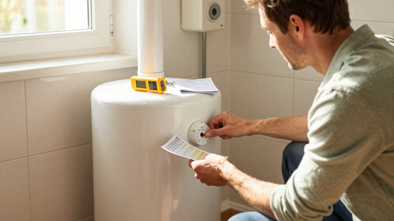Man adjusting thermostat dial on white water heater in bright room near window.