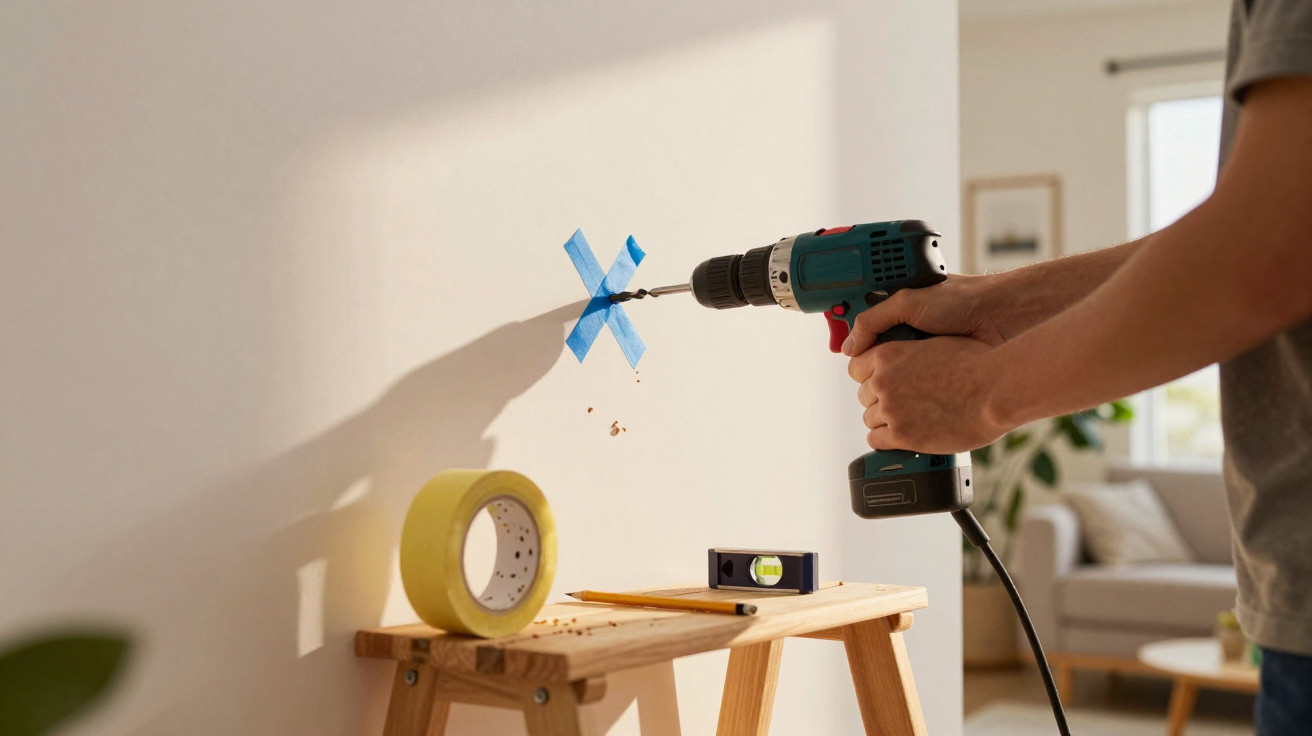 Person using electric drill to make hole on wall marked with blue tape in living room.