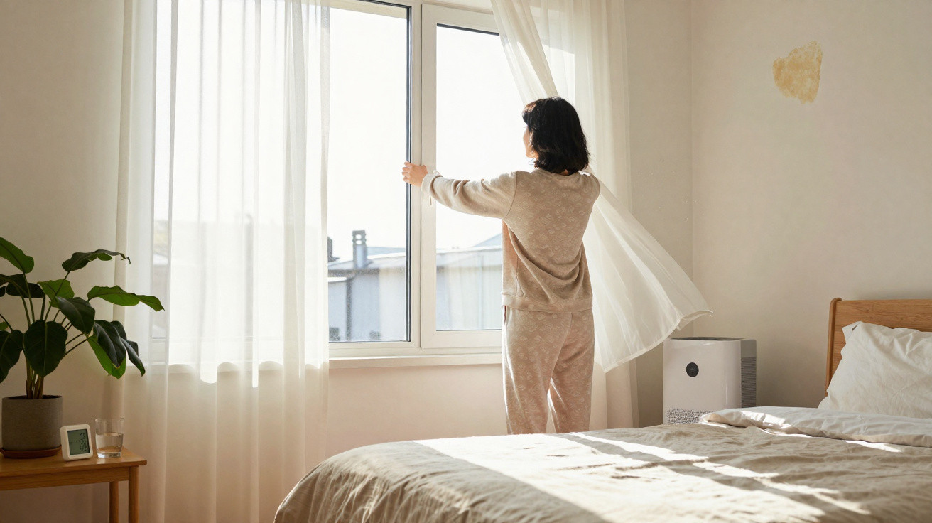 Woman in beige loungewear opening sheer curtains in a sunlit bedroom with a bed, plant, and bedside table.