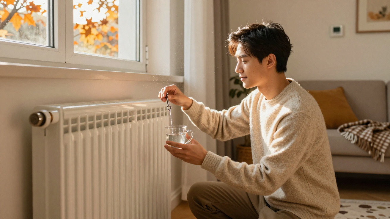 Young man warming a glass of water by a radiator in a cozy living room during autumn.