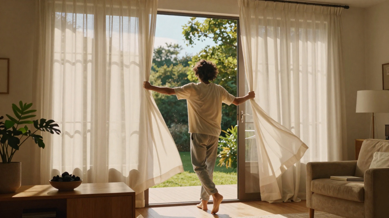 Person opening sheer curtains to a sunny garden on a bright morning in a cosy living room.
