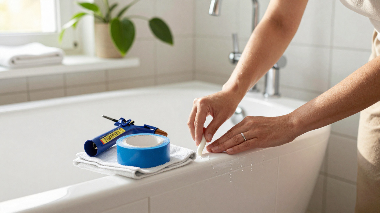 Person applying white putty to a bathroom bathtub edge with a roll of blue tape and caulking gun nearby.