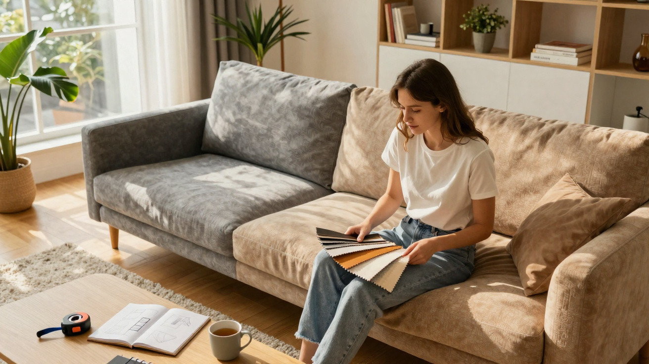 Young woman sitting on a beige sofa examining a fan of paint colour samples in a bright living room.