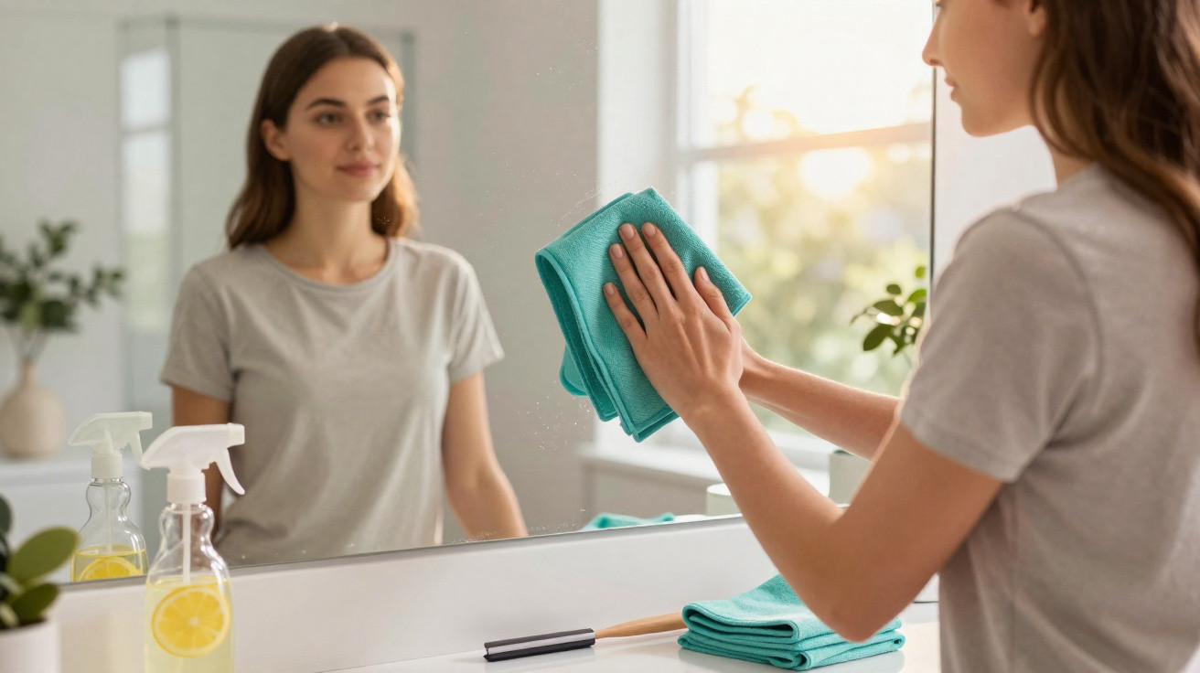 Woman cleaning a bathroom mirror with a turquoise cloth and spray bottle on the counter beside her.
