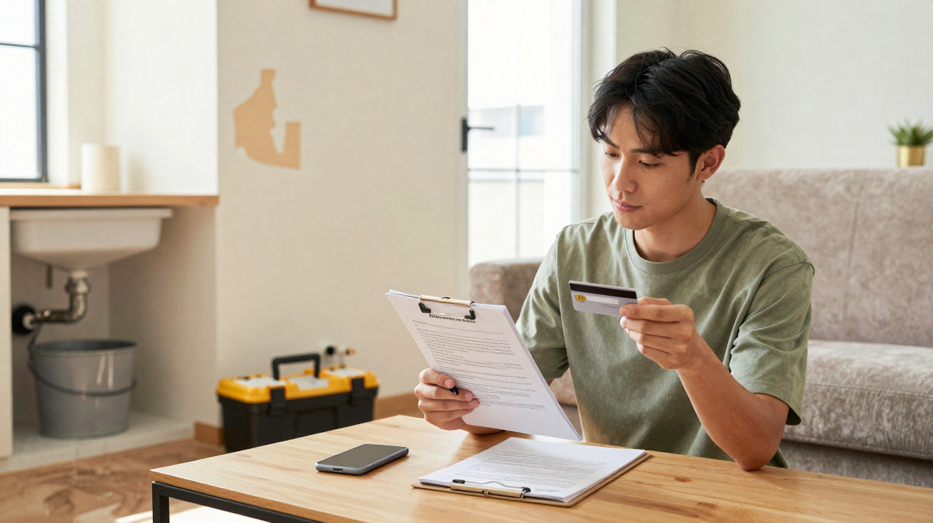 Young man sitting at a table reviewing documents and holding a credit card in a bright living room.
