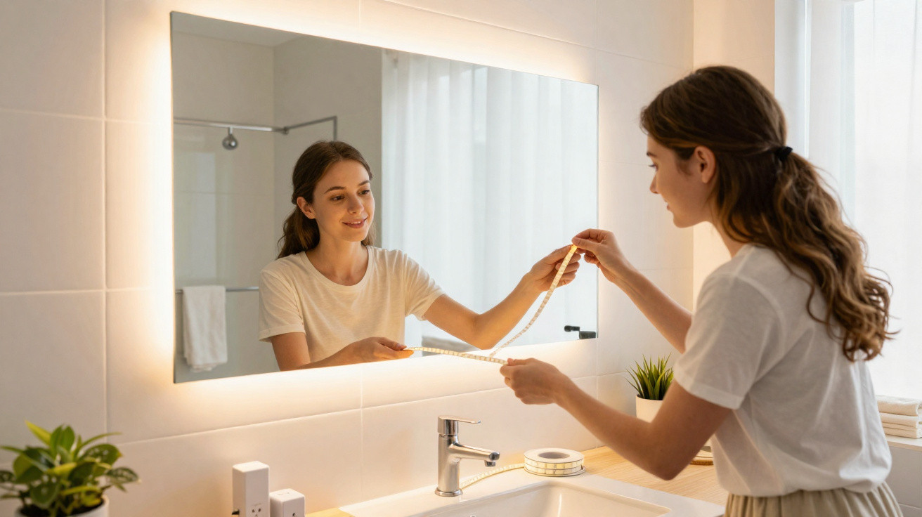 Young woman holding a measuring tape in front of a bathroom mirror with plants on the counter.