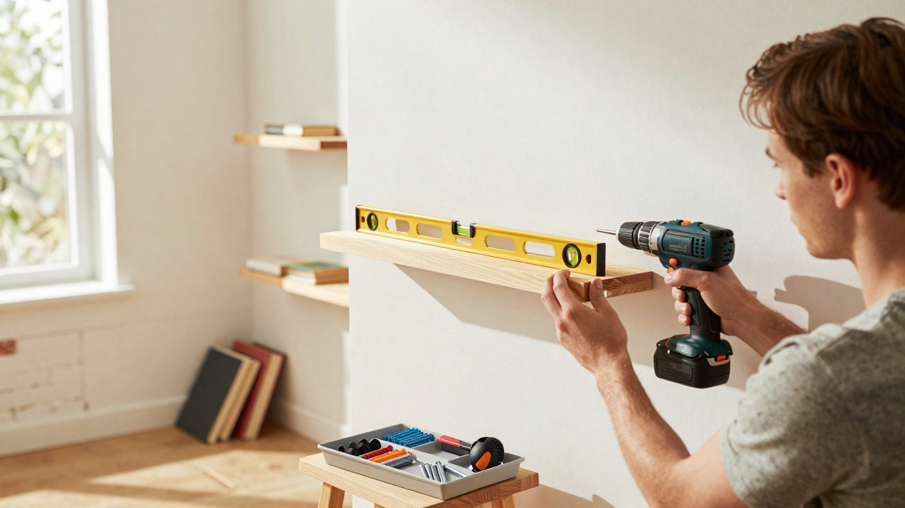 Man using a drill and spirit level to install a wooden shelf on a wall in a bright room.