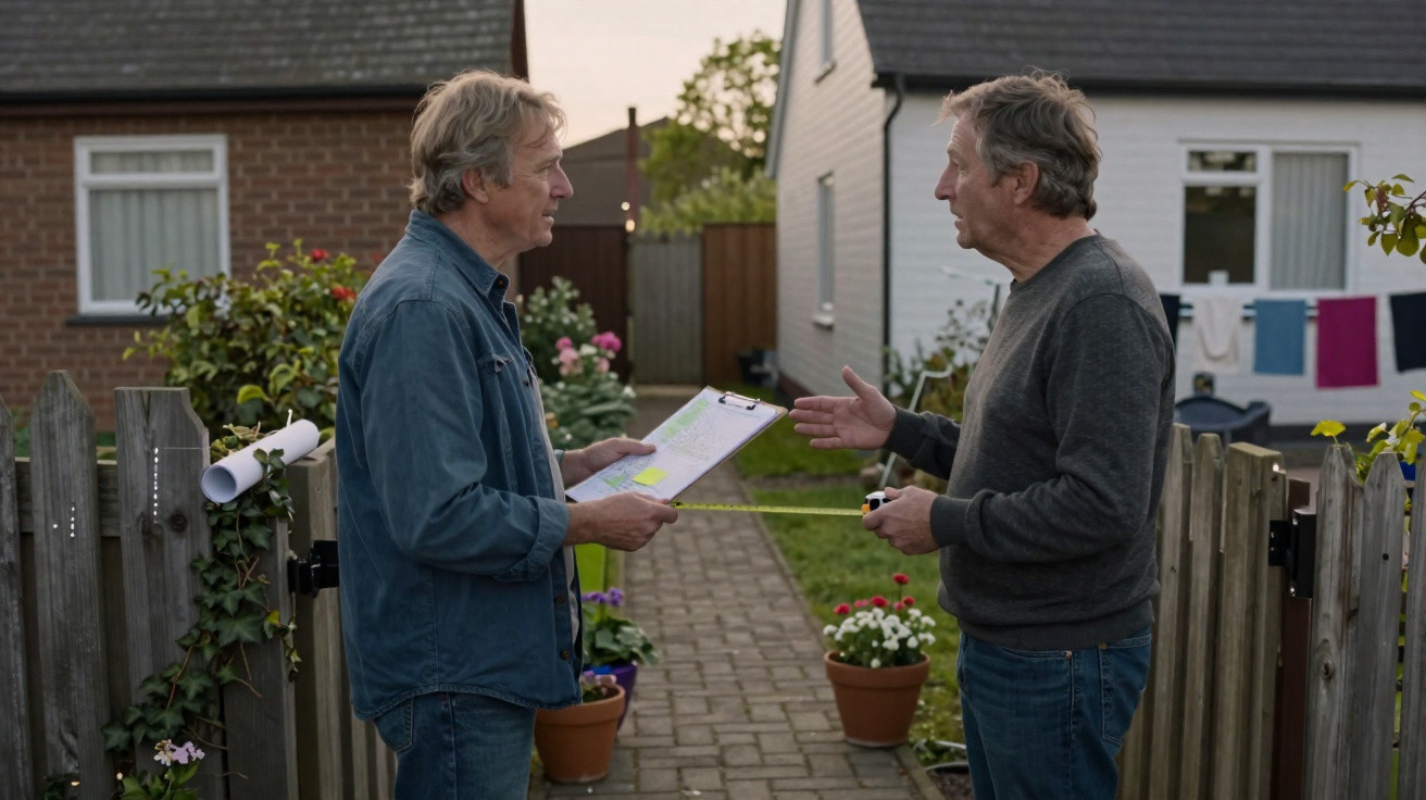 Two middle-aged men discussing with clipboard and measuring tape in a garden path between houses.