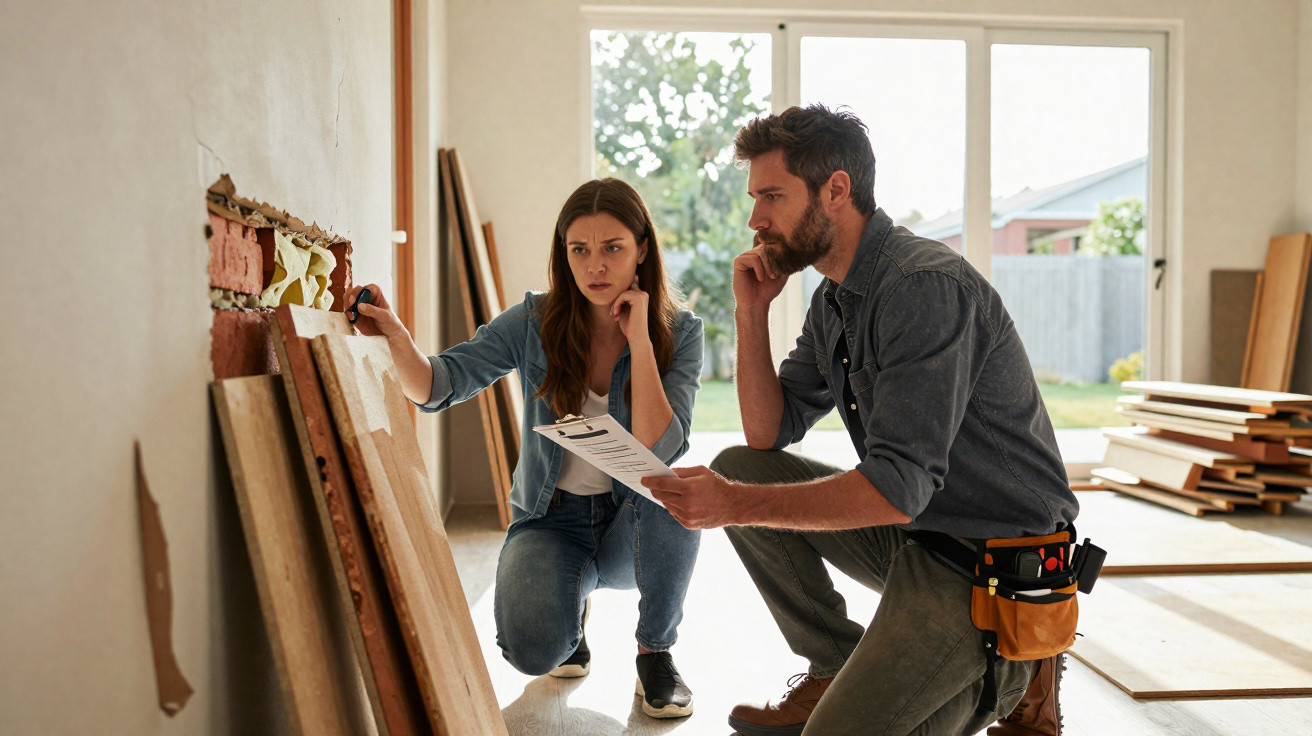 Couple inspecting a damaged wall in a room under renovation, discussing repairs with clipboard and tools nearby.