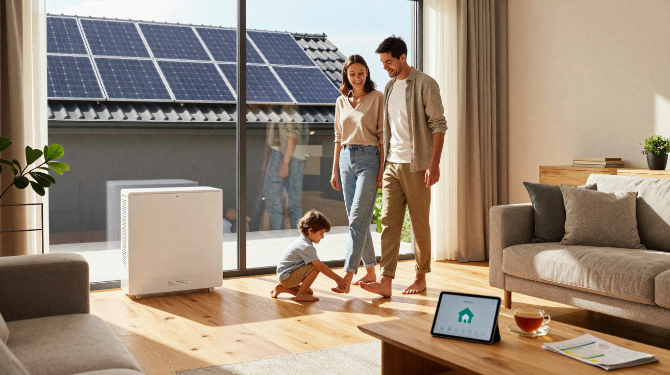 Family with young child in bright living room with solar panels visible through large window.
