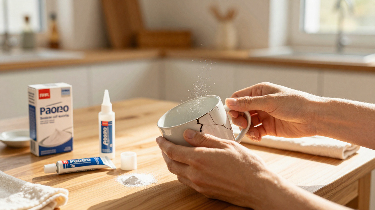 Hands repairing a cracked ceramic mug with glue and powder on a wooden kitchen table.