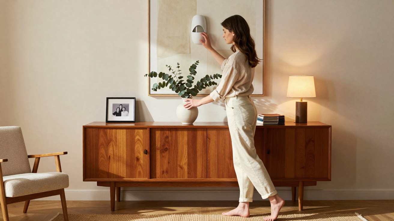 Woman adjusting wall-mounted air freshener above wooden sideboard in cosy, softly lit living room.