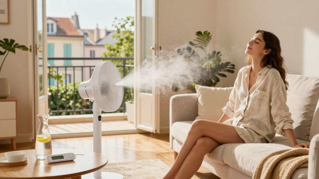 Woman sitting on a sofa enjoying mist from a white standing fan in a bright, cosy living room with open doors.