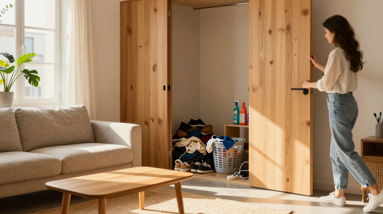 Woman opening wooden closet door in bright living room with beige sofa, coffee table, and houseplant by window.