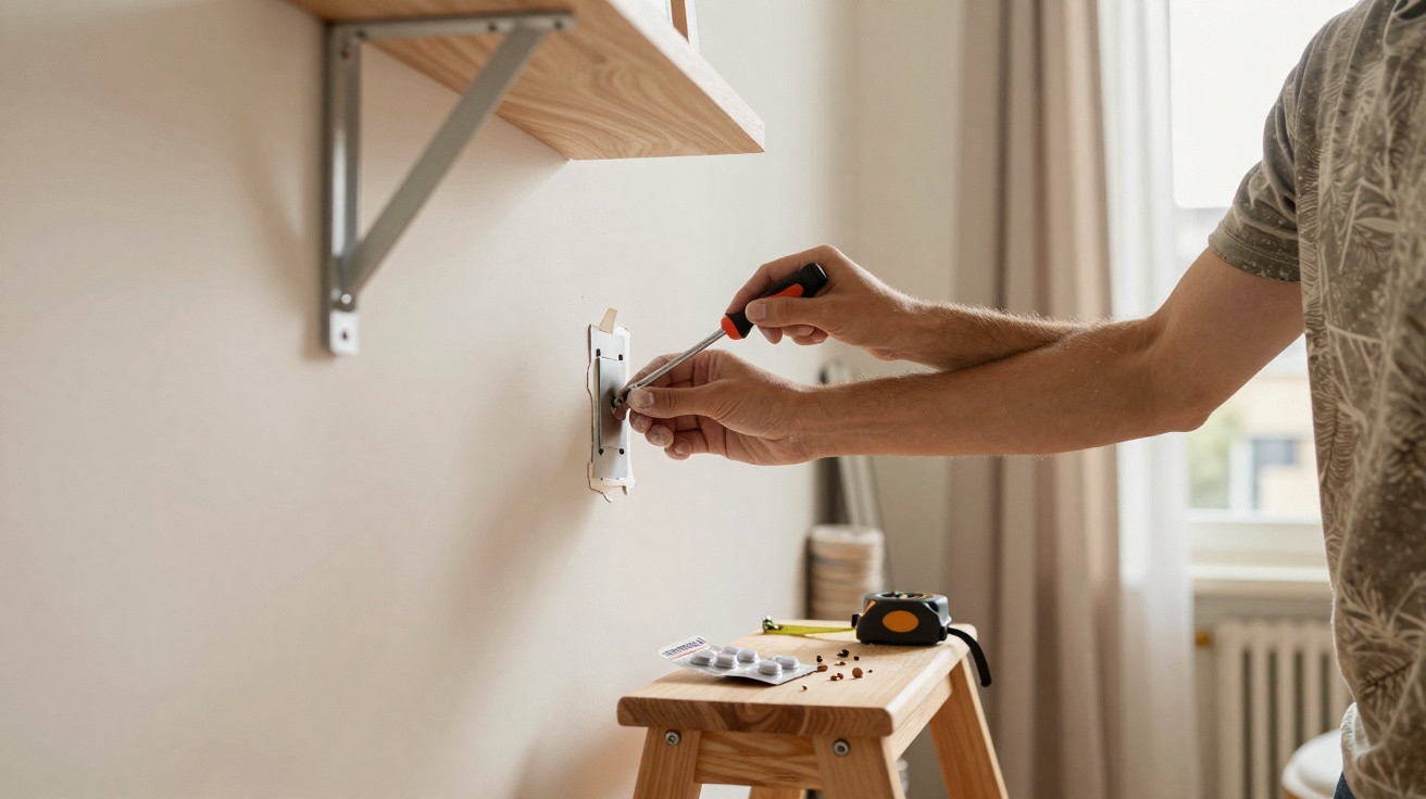 Person using a screwdriver to install or repair an electrical outlet on a beige wall indoors next to a wooden stool.