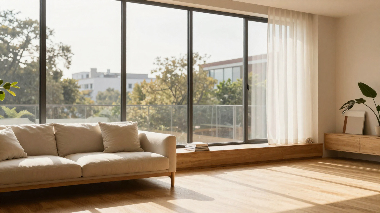Bright living room with large windows, beige sofa, wooden floor, and minimalist decor with plants and books.
