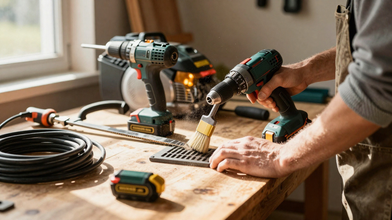 Person cleaning drill dust with brush attached to cordless drill on wooden workbench by window.