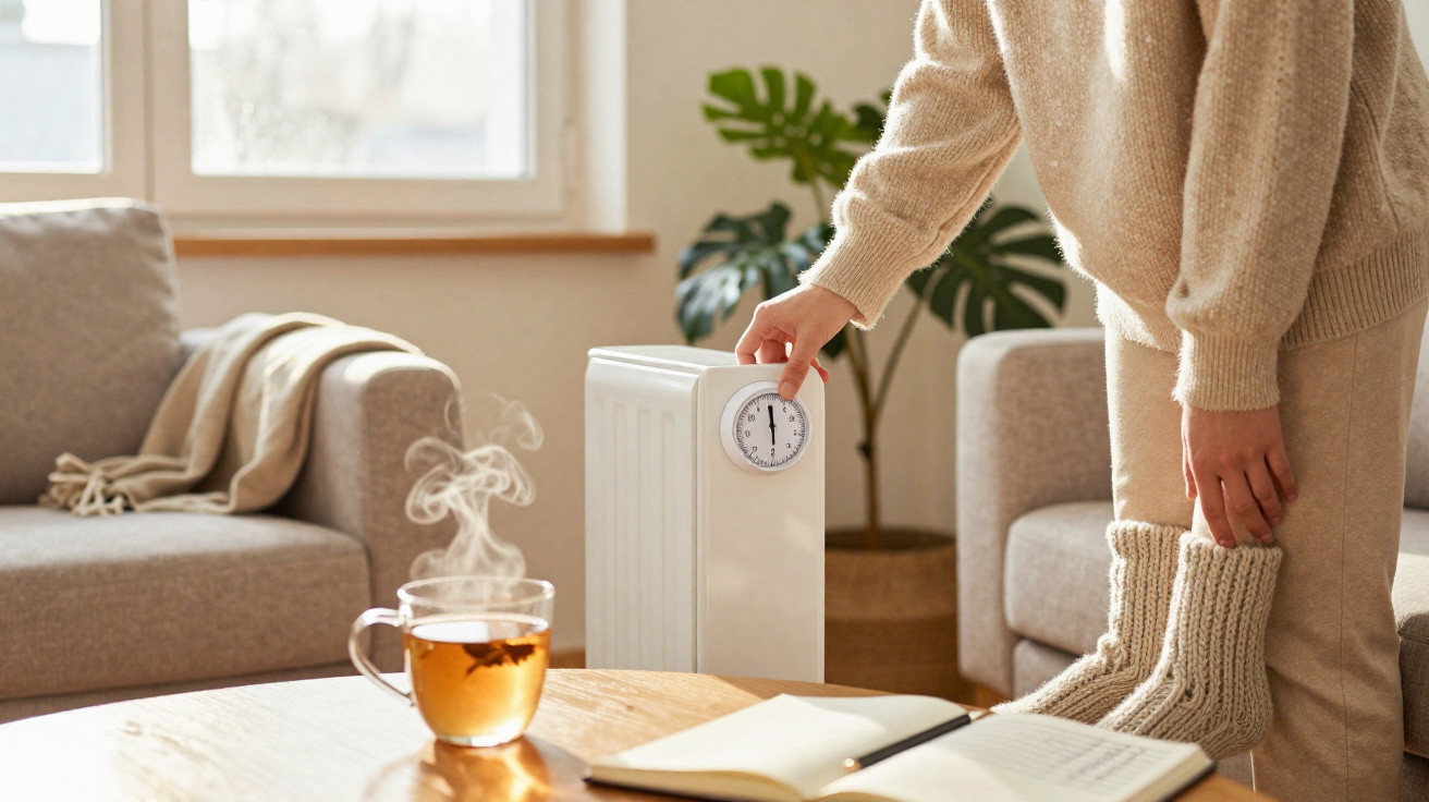 Person adjusting a radiator thermostat in a cosy living room with a hot drink and an open notebook on the table.