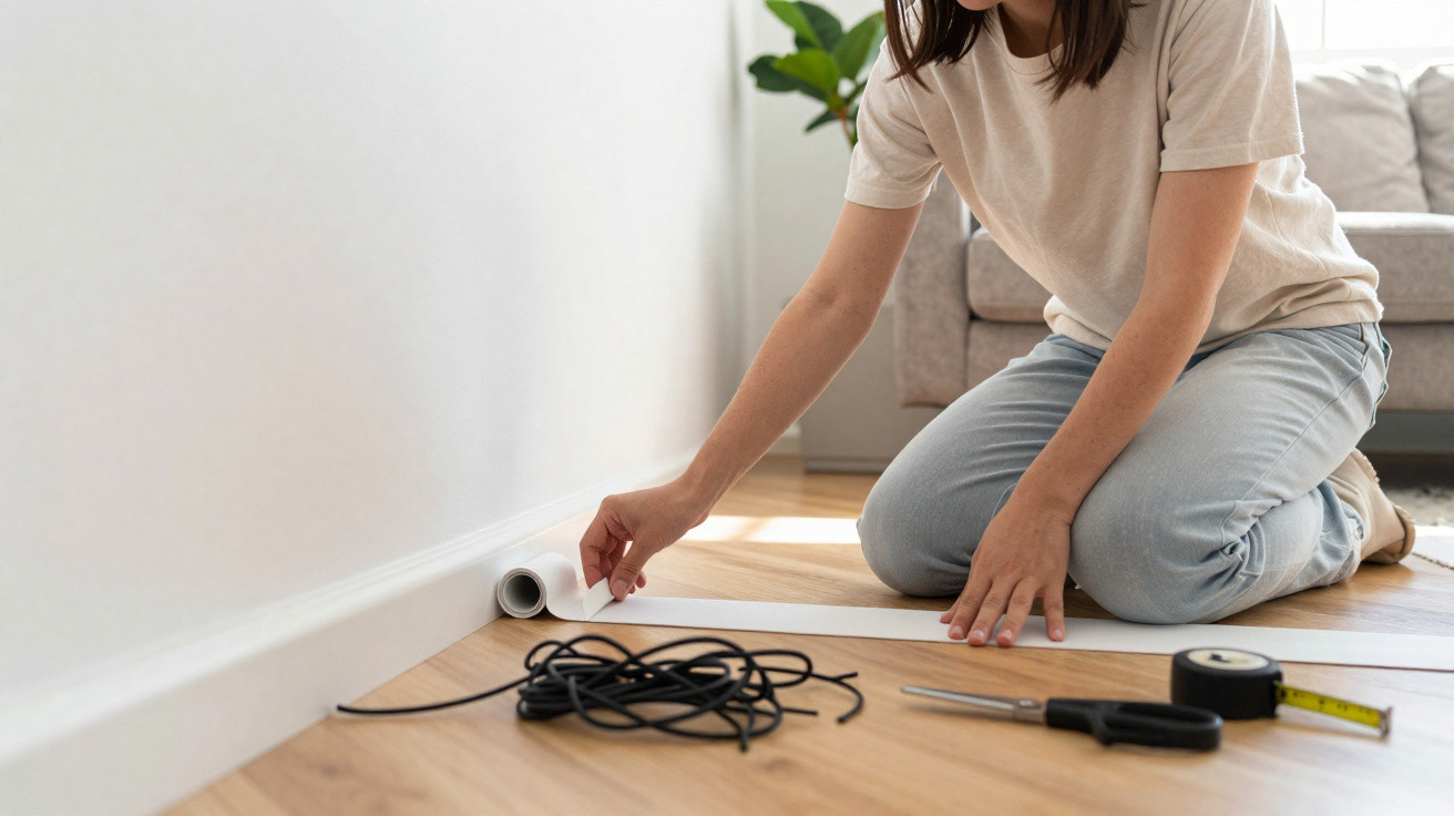 Person kneeling on a wooden floor applying white adhesive tape along the edge of a wall in a living room.