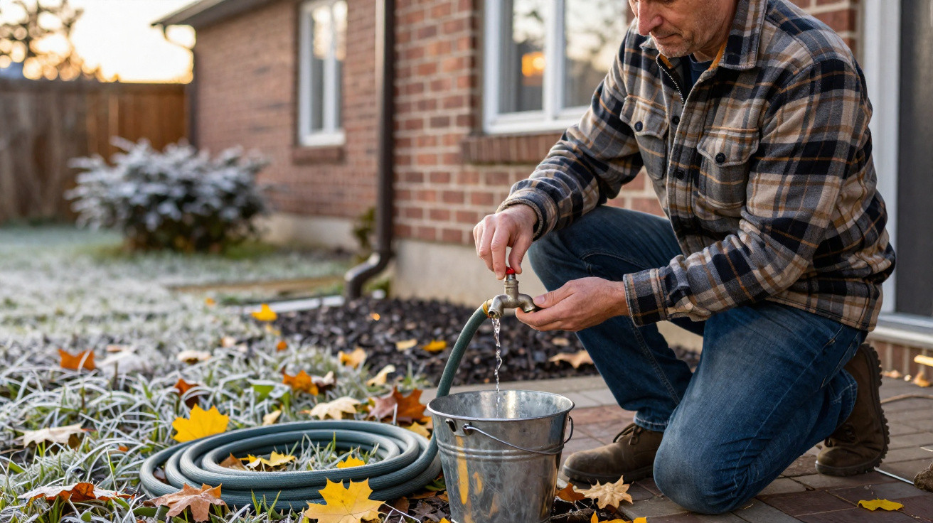 Man in a checkered shirt kneeling to fill a metal bucket with water from an outdoor tap in a frosty garden.