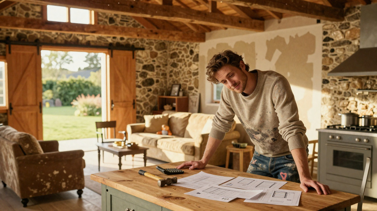 Young man reviewing home renovation plans in rustic kitchen with open barn doors and stone walls.